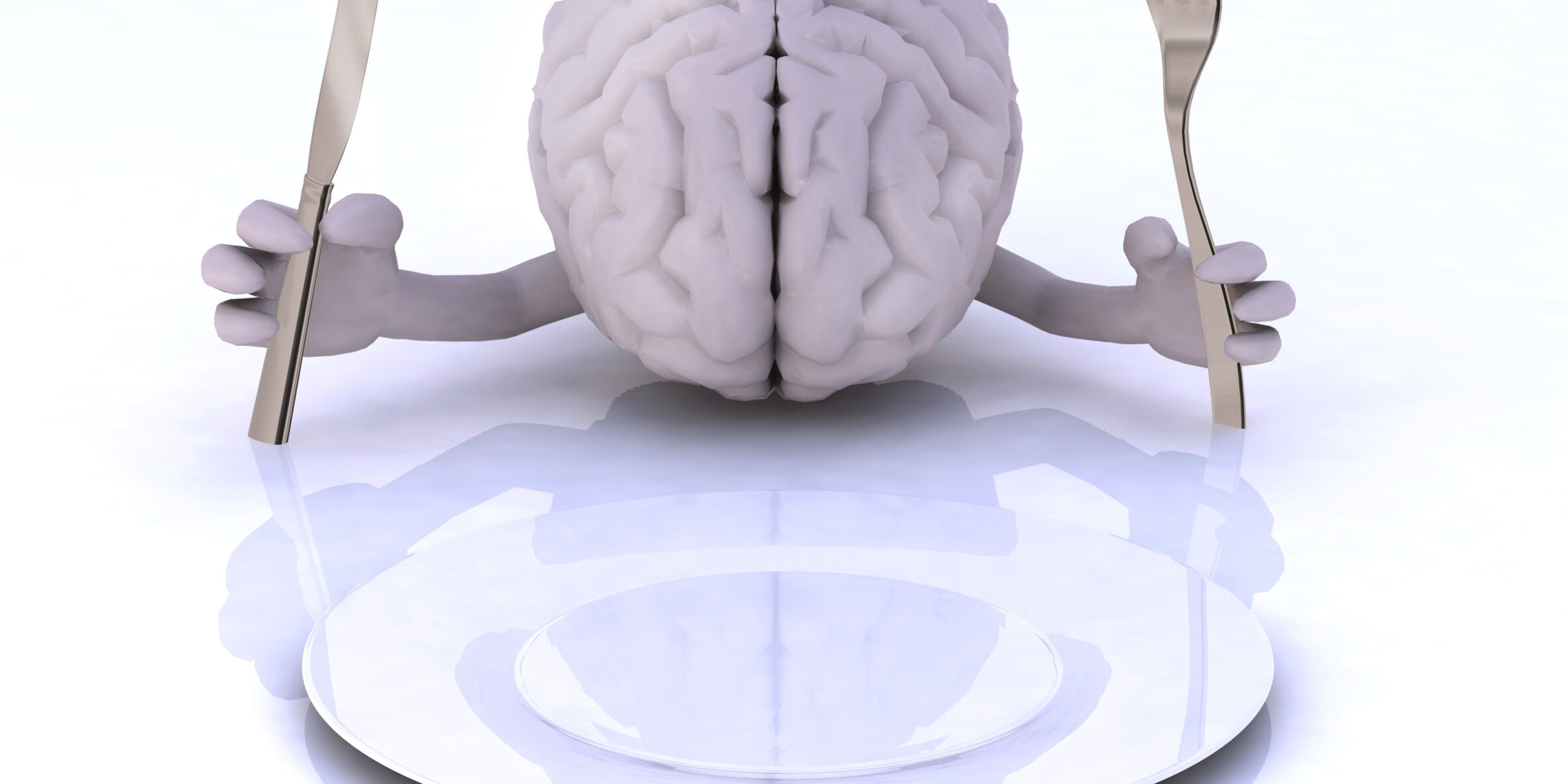 the brain with hands and utensils in front of an empty plate