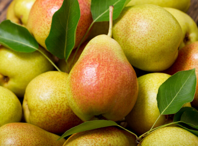 fresh pears with leaves, top view