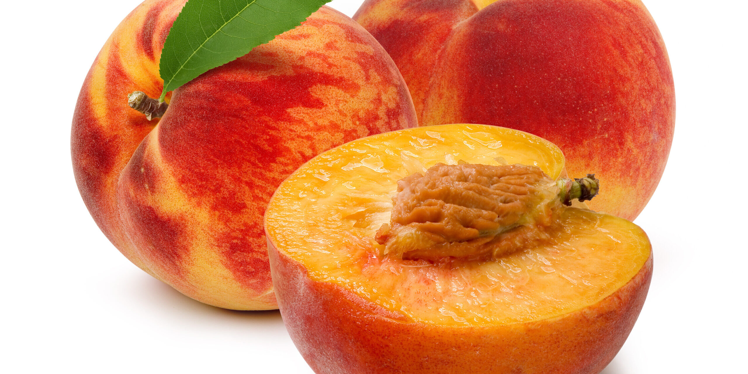 Peaches fruit half fruit bone on white background