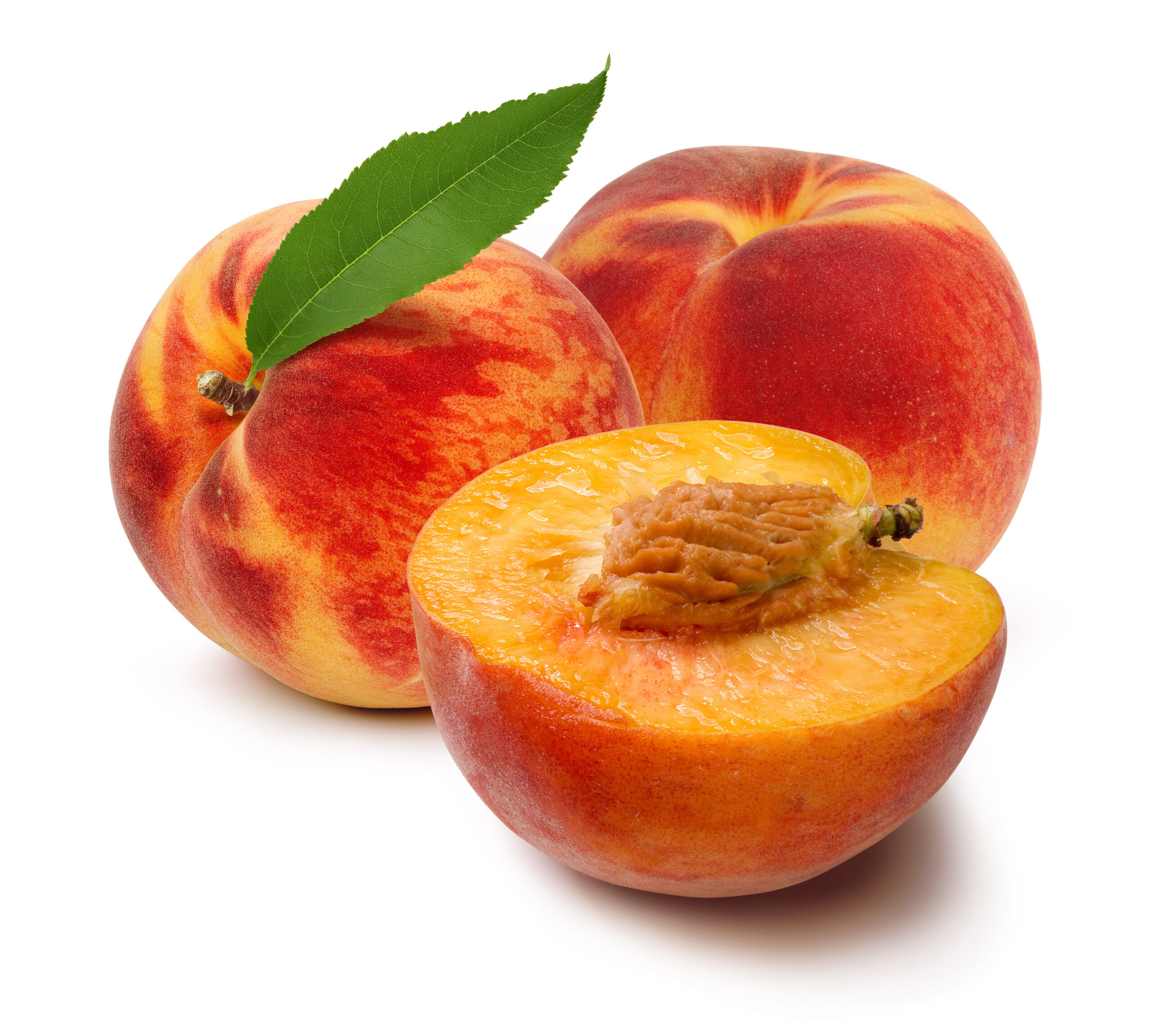 Peaches fruit half fruit bone on white background