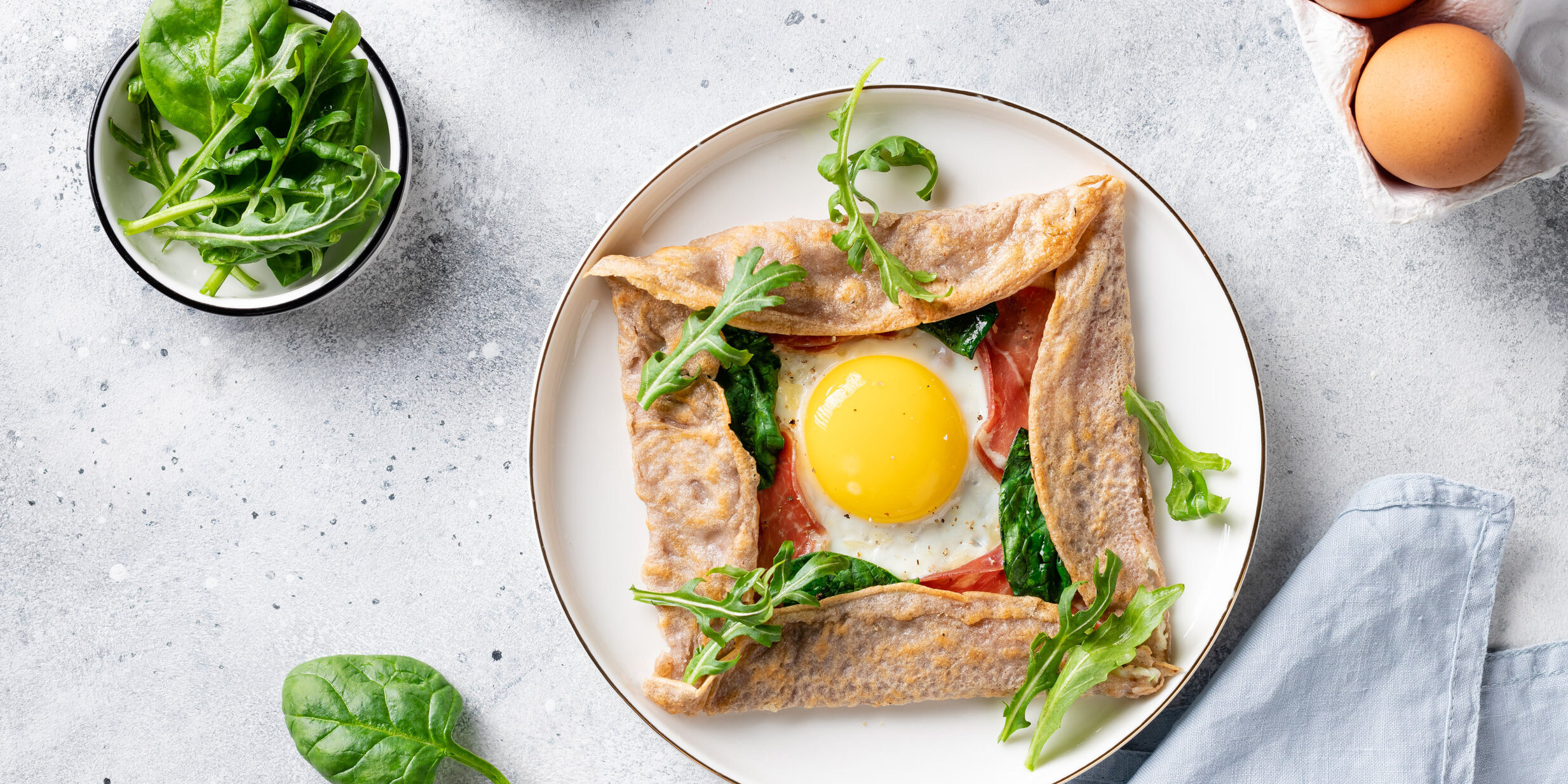 french buckwheat crepe with egg, ham and spinach